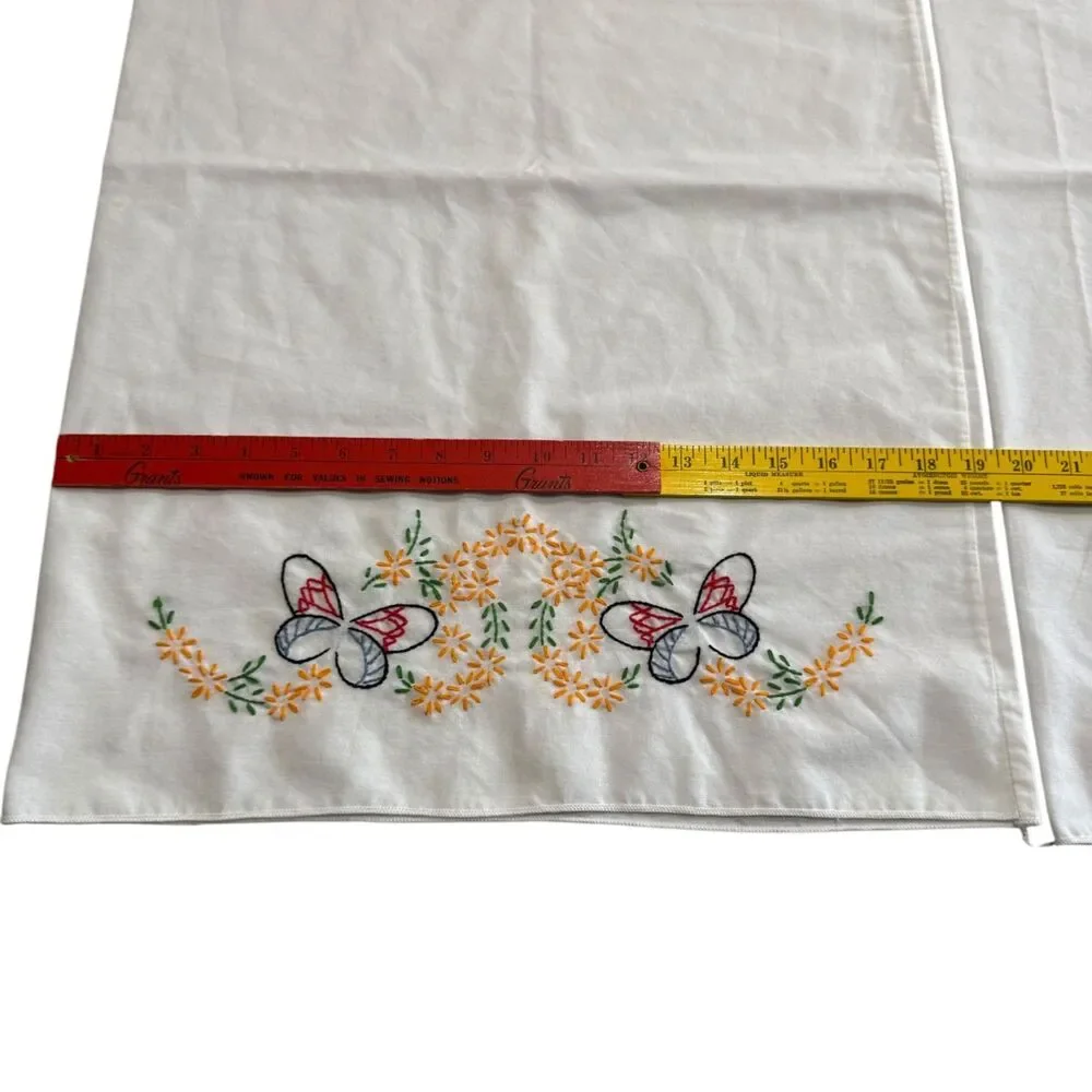 Vintage 50's Hand Embroidered Pillowcases Butterfly Floral Pair MCM Cottagecore